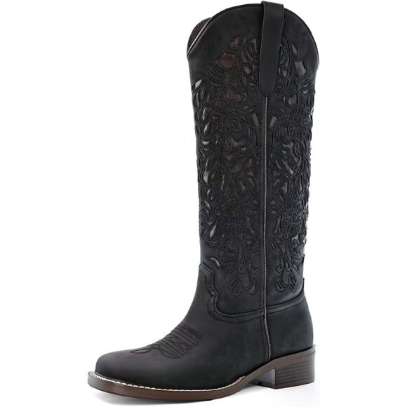 Shoes - Women's Black Embroidered Cowgirl Comfortable Western Square Toe Tall Boots